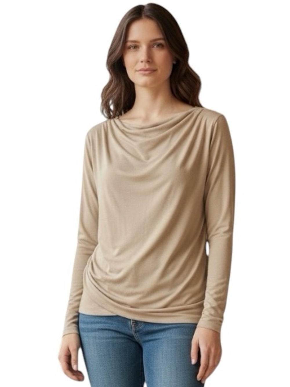 MM Lafleur Draped Long-Sleeve Top in Taupe Light Olive Green Ruched Side XL